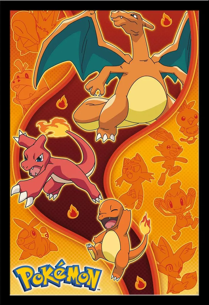 Poster Pokémon Type Feu Encadré 61x91,5 cm Noir : Fini les Murs Vides