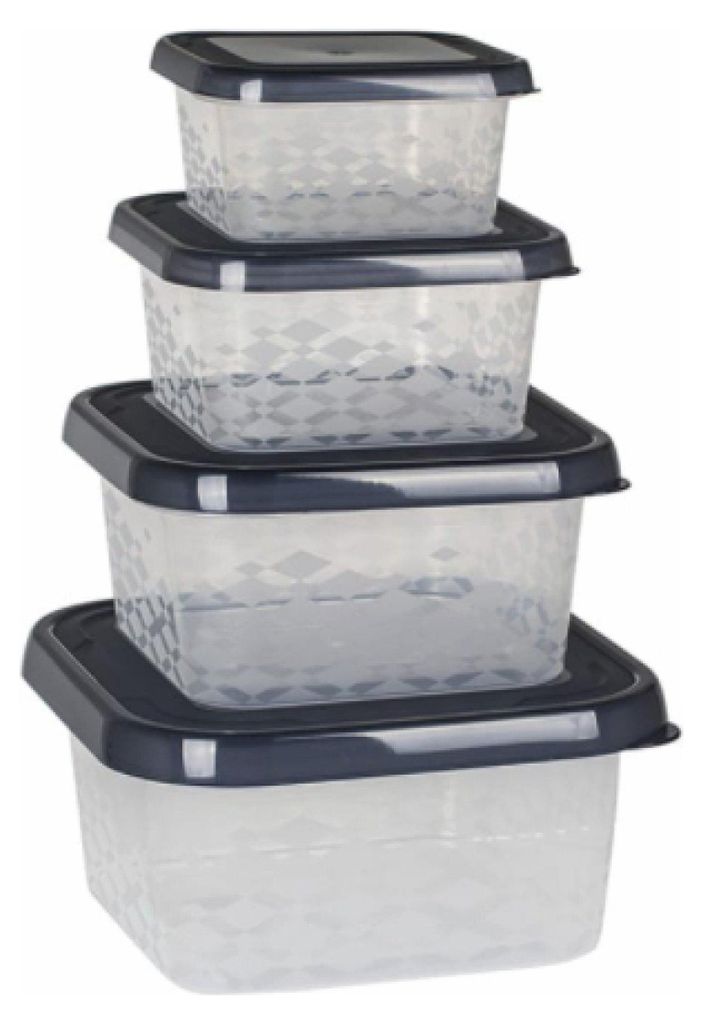 A stack of four square food storage containers with dark grey lids, presented against a white background.