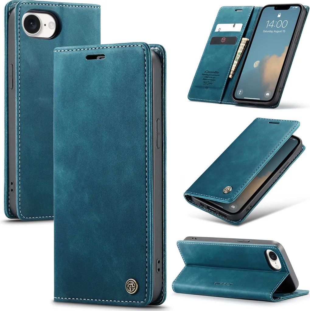 Custodia iPhone 16e in Finto Cuoio Blu Retro con Supporto Stand