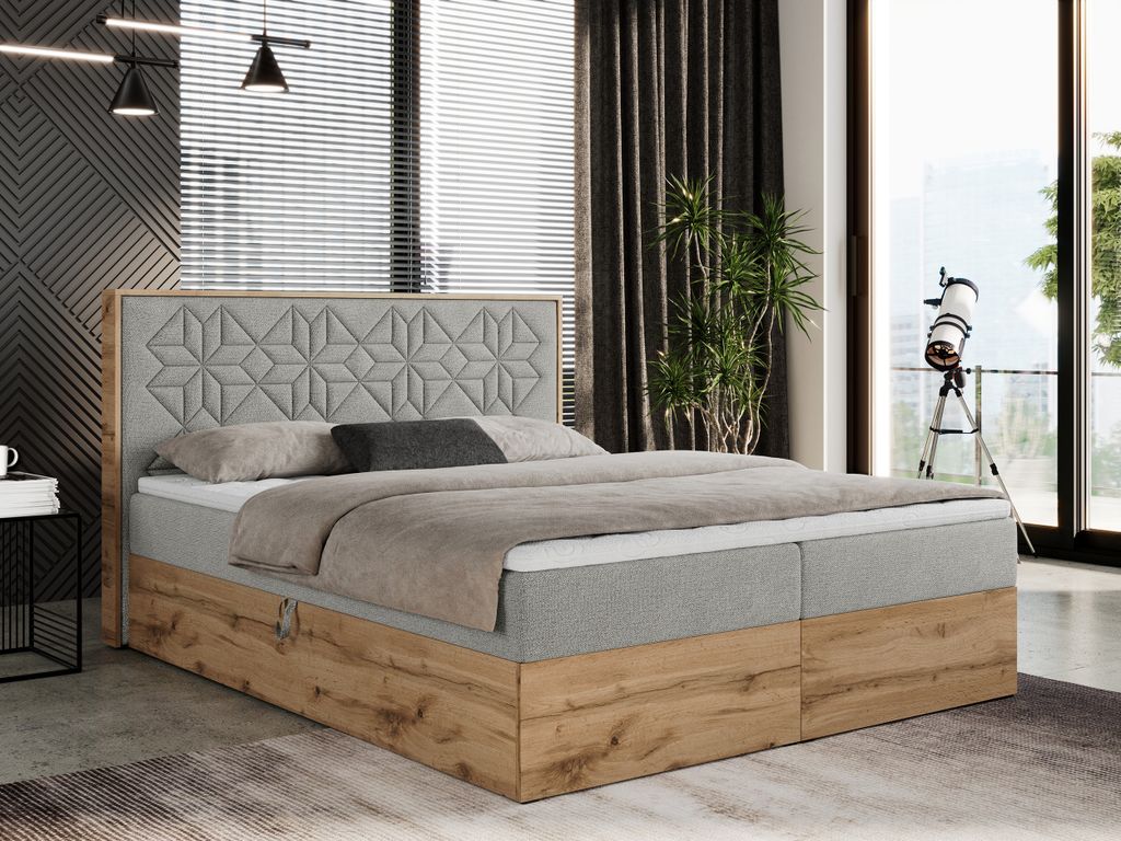 Boxspringbett 160x200 mit Bettkasten, Polsterbett 160x200 mit Matratze H3, Boxspringbett 160x200 mit Kopfteil, Boxspringbett mit Massivholz - Nessi...