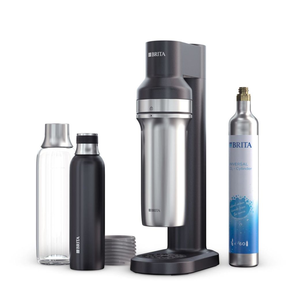 A set of Brita water carbonation products, including a soda maker, two bottles, and a CO2 cylinder, displayed against a white background.