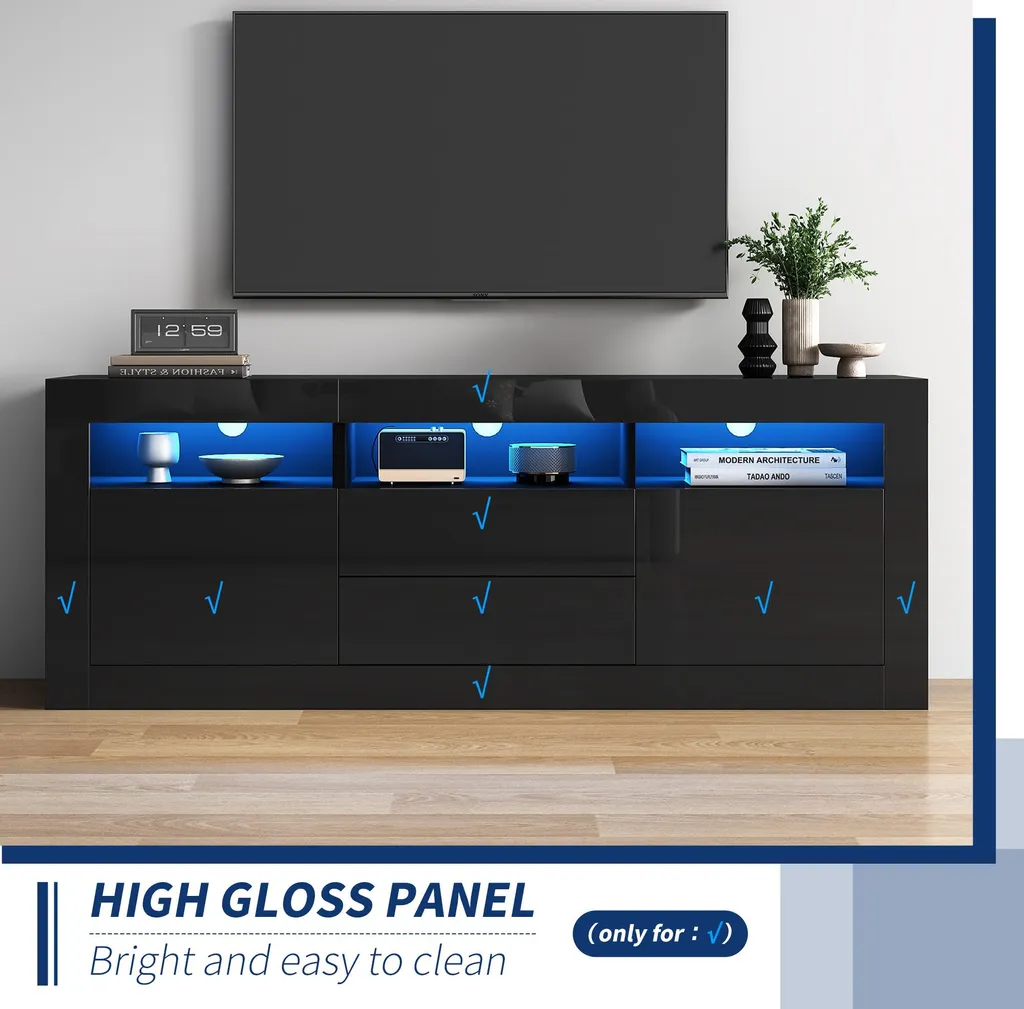 Banc TV Moderne Laqué Blanc avec Rangement Multimédia et Éclairage LED App