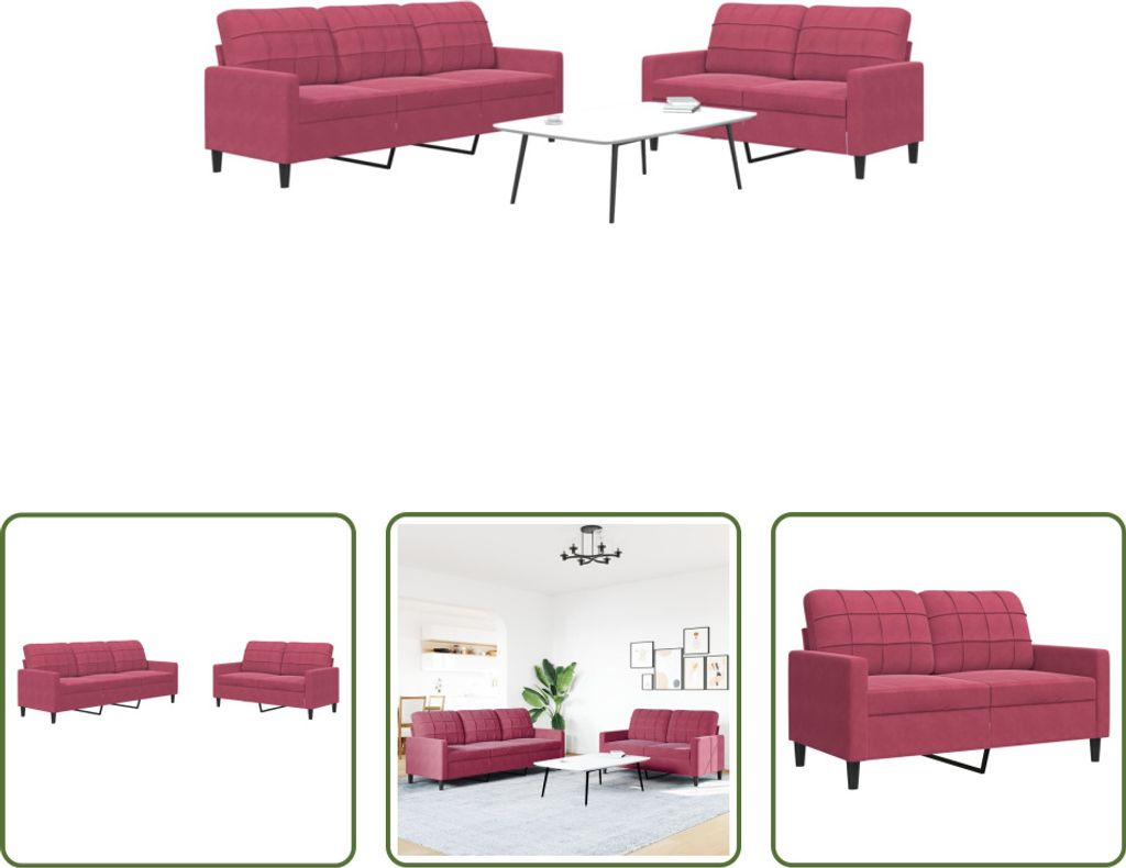 The Living Store 2-tlg. Sofagarnitur mit Kissen Weinrot Samt