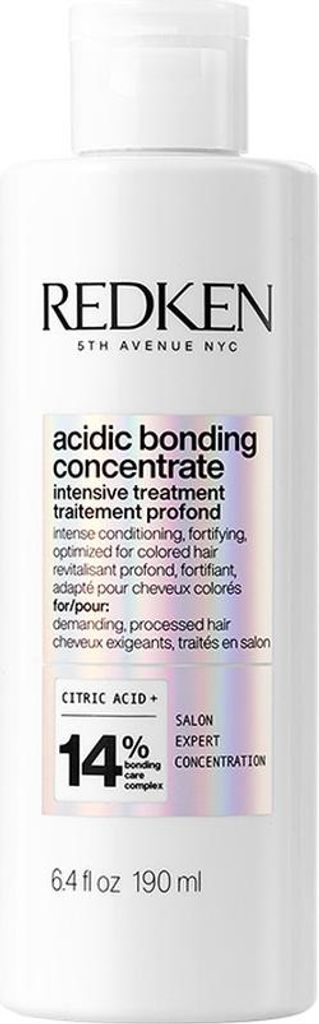 A white bottle of Redken Acidic Bonding Concentrate Intensive Treatment.