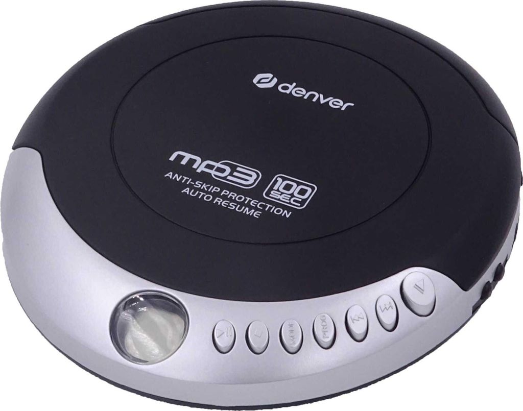 A black and silver portable CD player with buttons on the front.