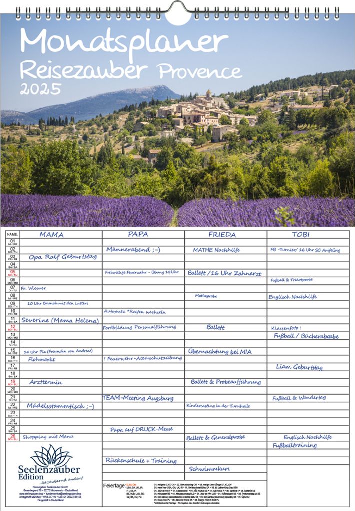 Reisezauber Provence Planer Wandplaner Familienplaner 4 Spaltenplaner DIN A3 Kalender für 2025 Urlaub Mediterran Frankreich - Seelenzauber
