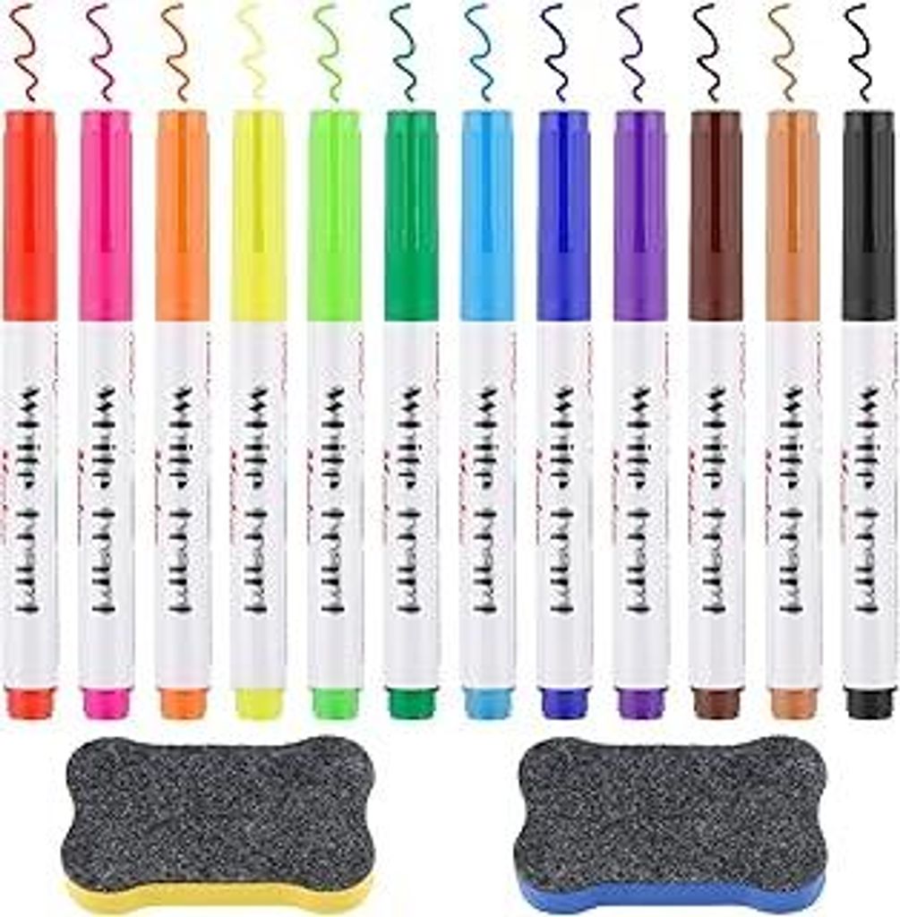 WINKIO 12 Farben Whiteboard Marker, Whiteboard Stifte abwischbar, White board markers mit Schwamm Magnetisch, Feine Spitze, trocken abwischbare, f...