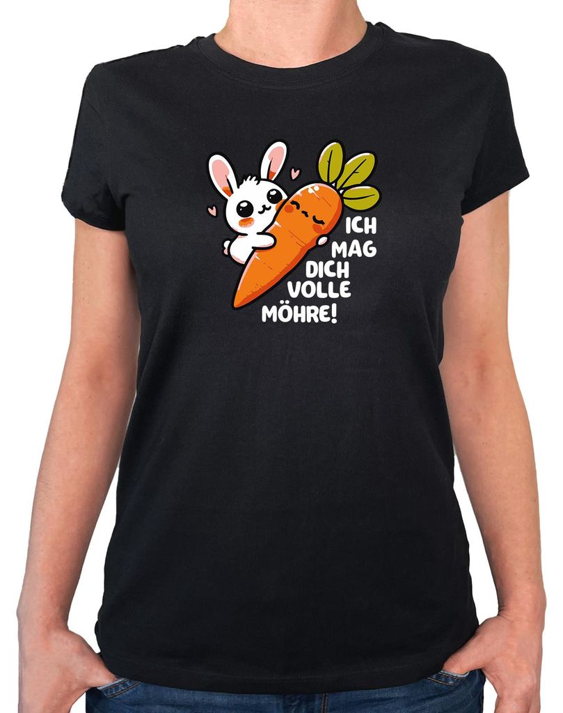 Huuraa Damen T-Shirt Mag dich volle Möhre Hase S Black Bio Baumwolle Fairtrade Damenshirt Geschenkidee