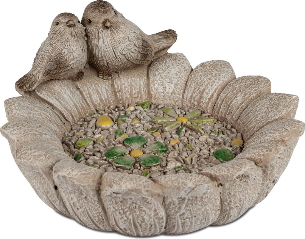 Vogeltränke Blüte mit 2 Vögelchen D. 30cm grau aus Magnesia Formano S26
