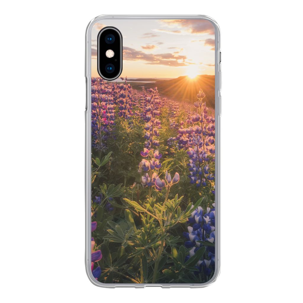 MuchoWow Handyhülle Schutzhülle Hülle für iPhone X Lupine - Sonne - Lila Silikon Softcase Handy Hülle - Handyhülle