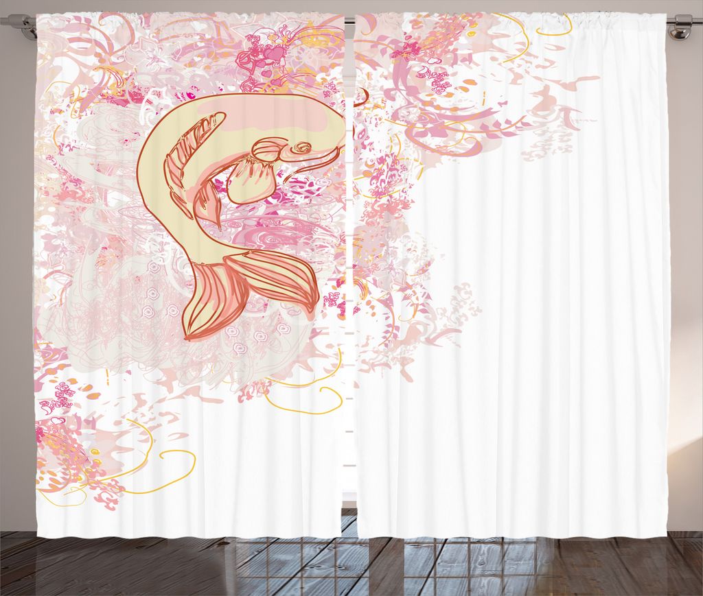ABAKUHAUS Fisch Rustikaler Vorhang, Asiatisches Tier Pink Floral, Wohnzimmer Universalband Gardinen mit Schlaufen und Haken, 280 x 225 cm, Rosa Gelb