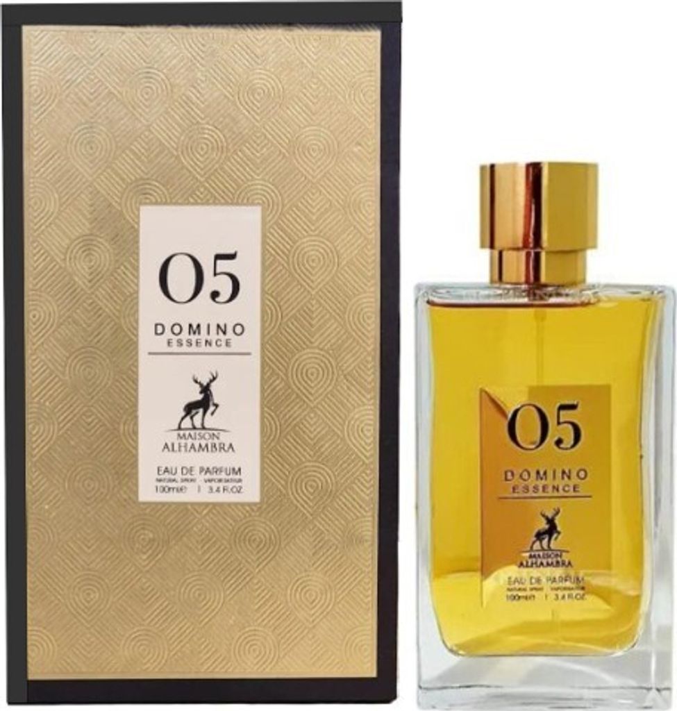 A perfume bottle and its packaging are displayed side-by-side against a white background.