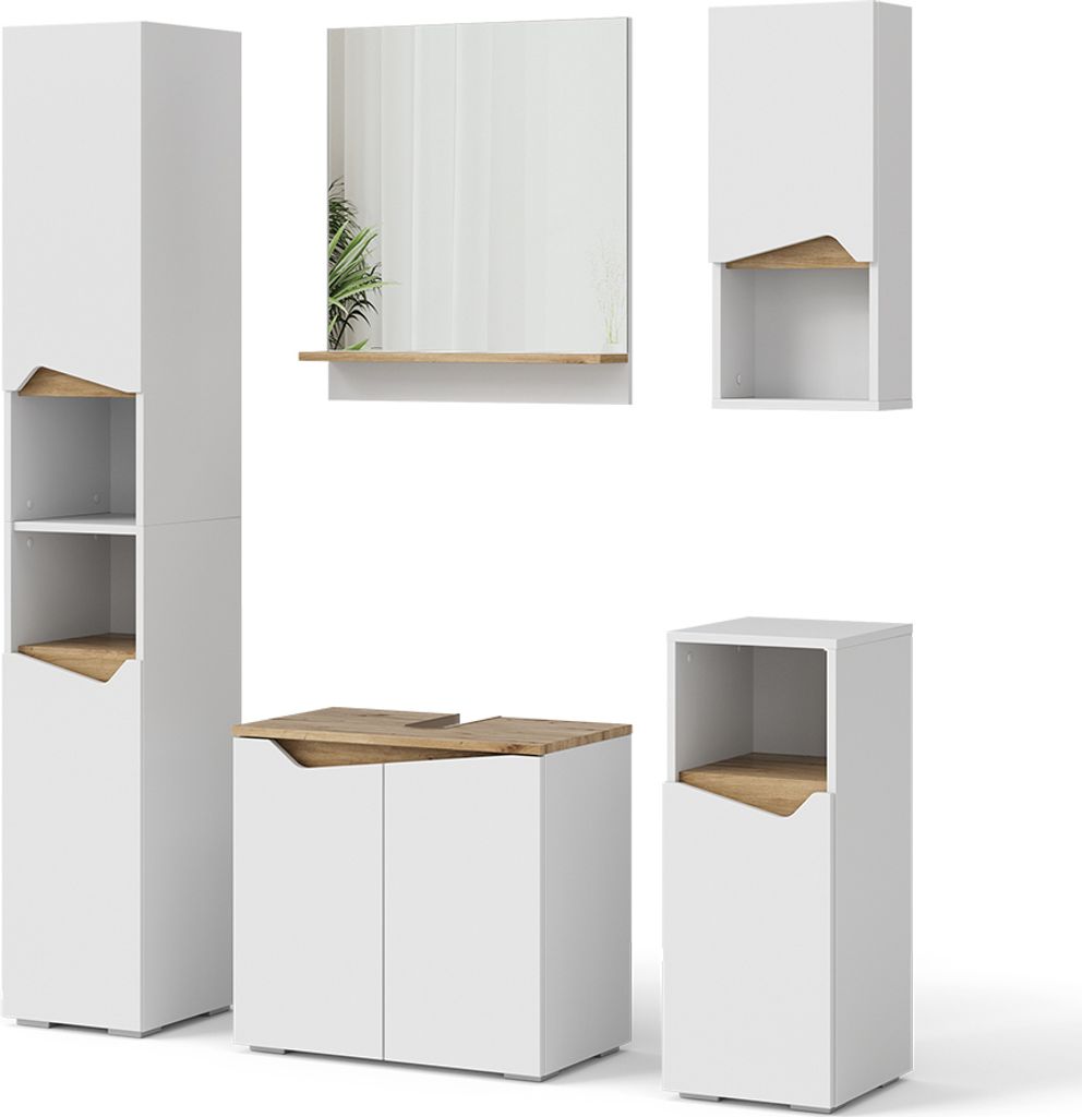 A collection of modern white bathroom furniture with wood accents, arranged against a white background.
