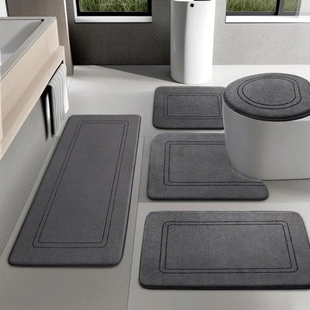 Tapis de Bain Moelleux Mémoire de Forme Gris Foncé - Set Lavable 5pcs