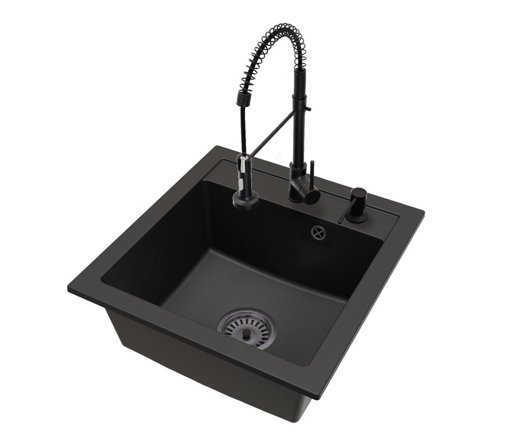 Granitspüle Küchenspüle Schwarz BIG DON mit SPIRAL Armatur Schwarz, Siphon Schwarz und Seifenspender