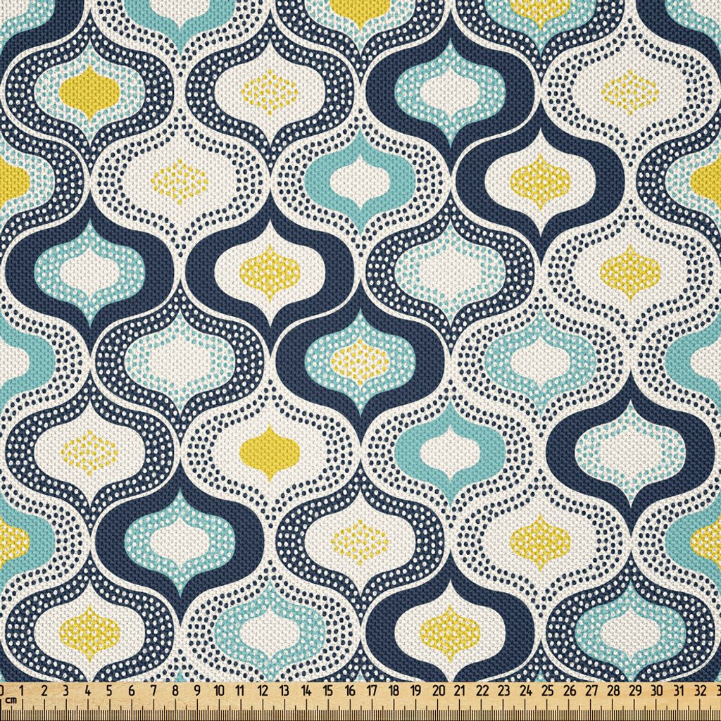 ABAKUHAUS Modern Satin Stoff als Meterware, Geometrische marokkanische Mediterrain Style Dots mit dekorativen Details Image Print, 5 M (148 x 500 c...