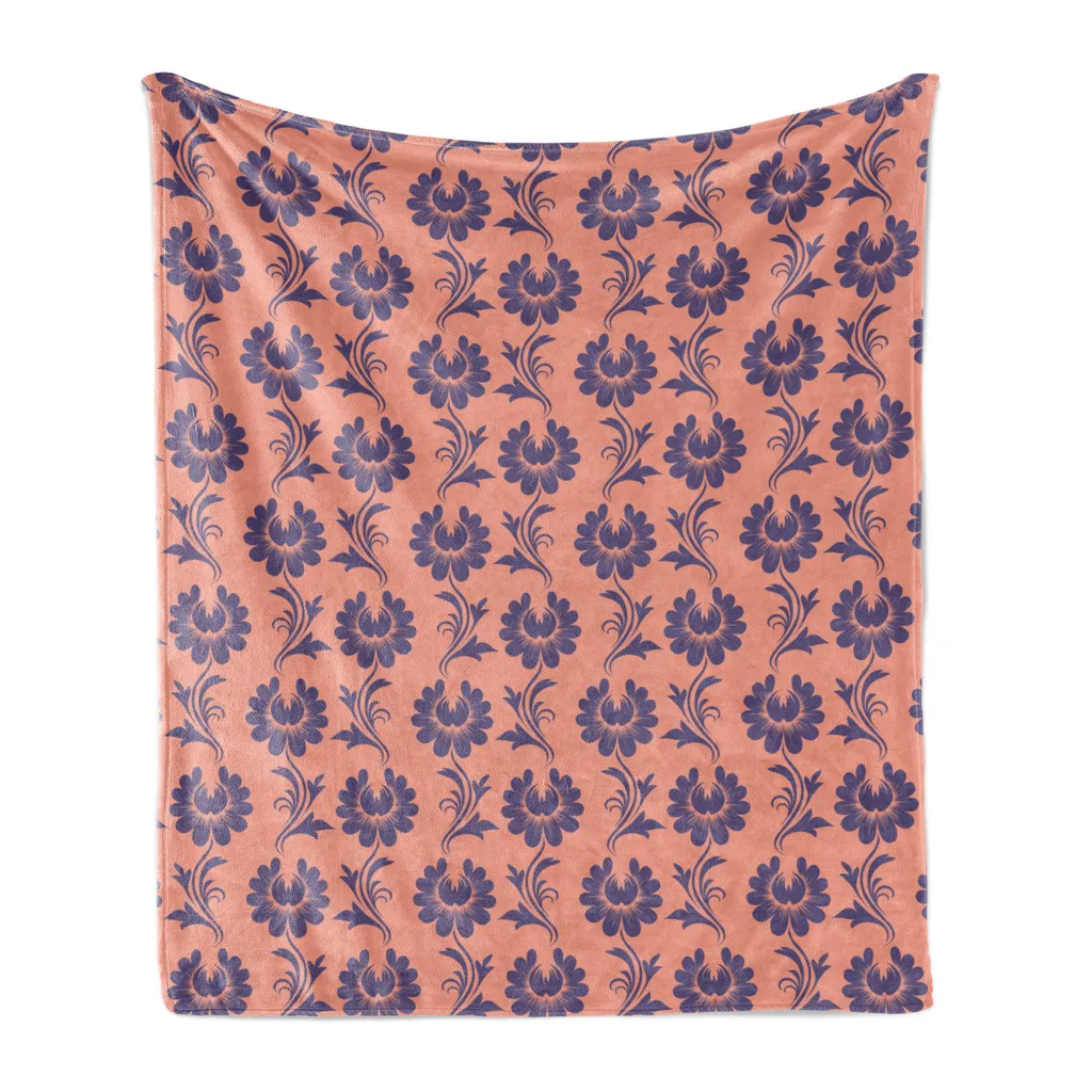 Coperta Pile Flanella ABAKUHAUS 125x175 cm | Plaid Fiori Pesca Indaco