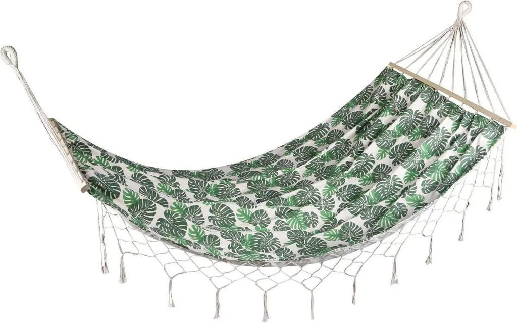 Hamac avec tige 200x100 cm motif Miami Natura Jungle et pompons blancs