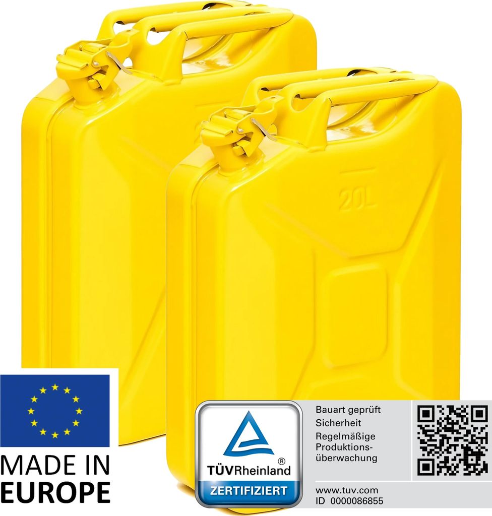 BW Kraftstoffkanister Metall Benzinkanister 2x 20 Liter - Gelb RAL 1018 - UN-Zulassung - Hergestellt in Europa
