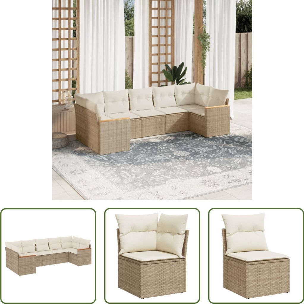 The Living Store 7-tlg. Garten-Sofagarnitur mit Kissen Beige Poly Rattan