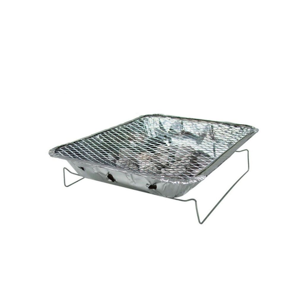 A disposable grill with charcoal inside, shown on a white background.