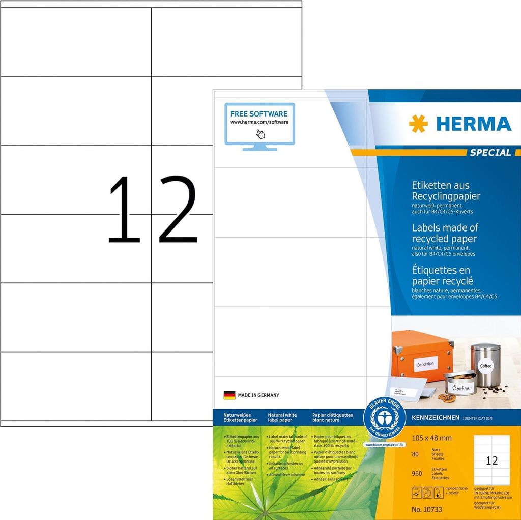 HERMA Universal-Etiketten Recycling 105 x 48 mm 80 Blatt 960 Etiketten