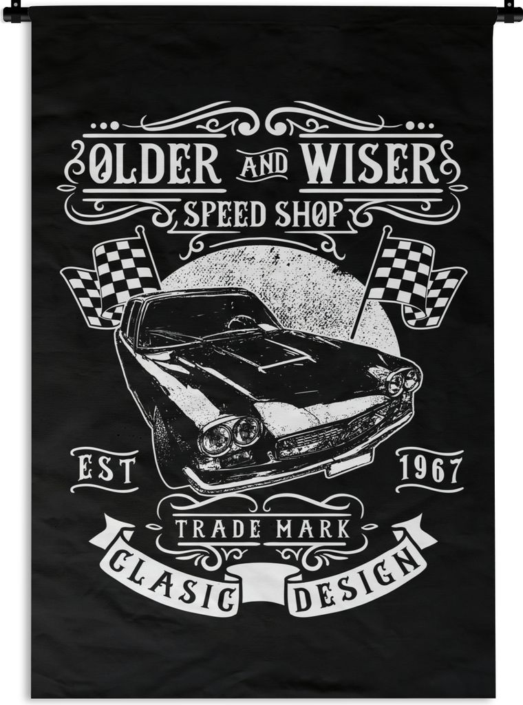 MuchoWow Wandteppich Wandbehang Mancave - Auto - Flagge - Retro 90x135 cm Tapisserie Dekoration Wandtuch - Baumwolle - Wandskulptur