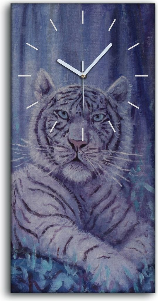 Wanduhr Uhr Wandbild Leinwand 30x60 Porträt eines Tigers im Wald bei Nacht - weiße Hände
