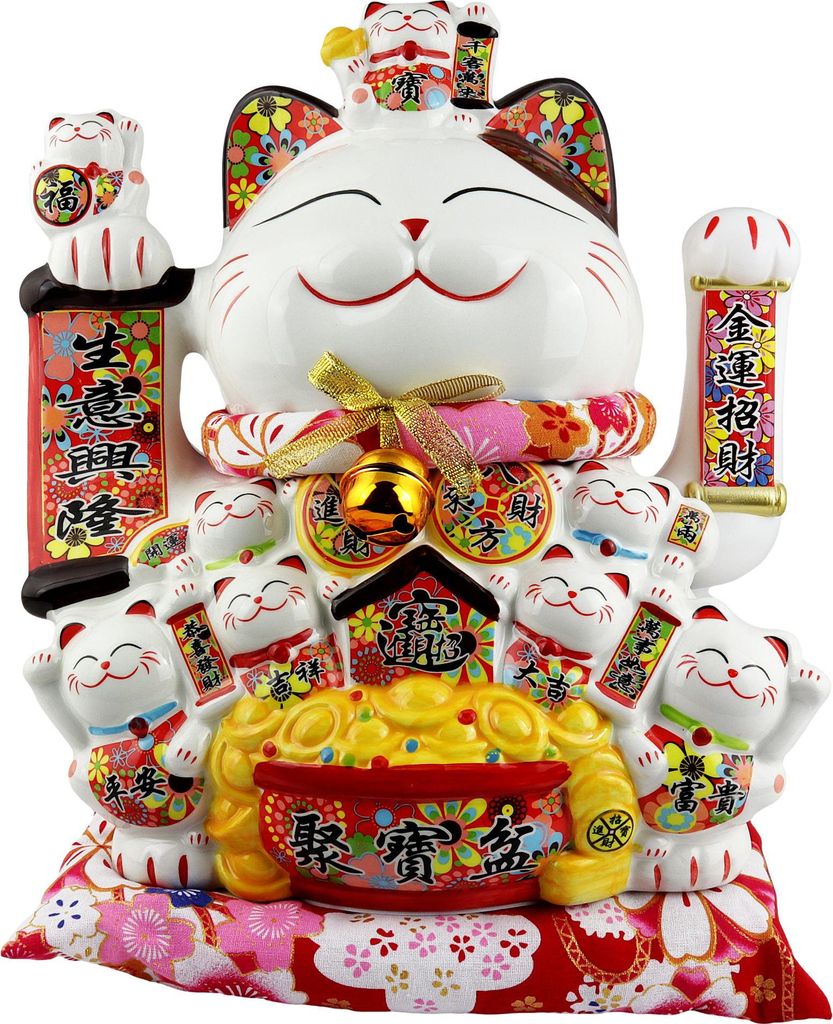 Glückskatze Maneki-Neko Familie Porzellan 30cm weiß Produktbild 