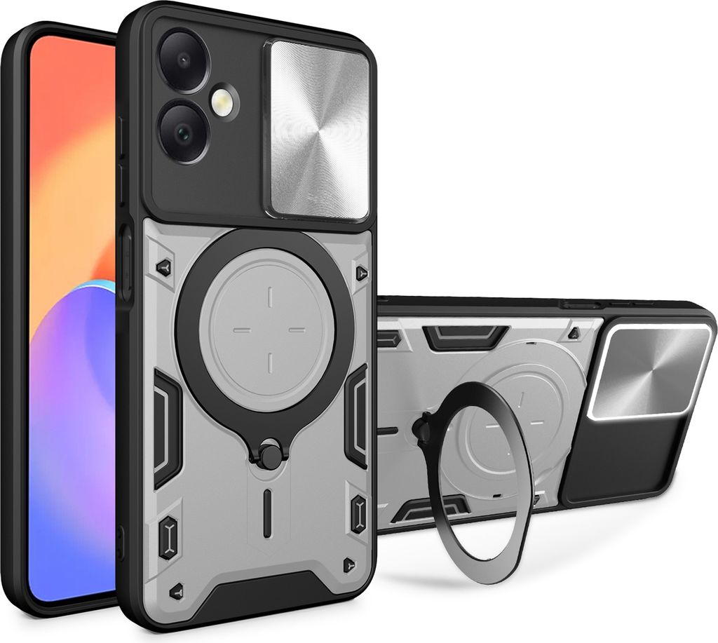 Handyhülle für Samsung Galaxy A06 Dual-Layer Stoßfest Rüstung Hülle mit Dia Kameraschutz und Kreisförmig Ring Ständer Silber