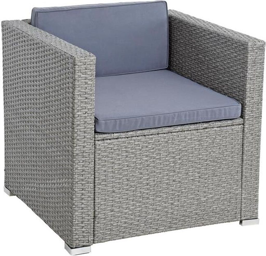 A single polyrattan armchair with grey cushions, shown from a three-quarter angle.