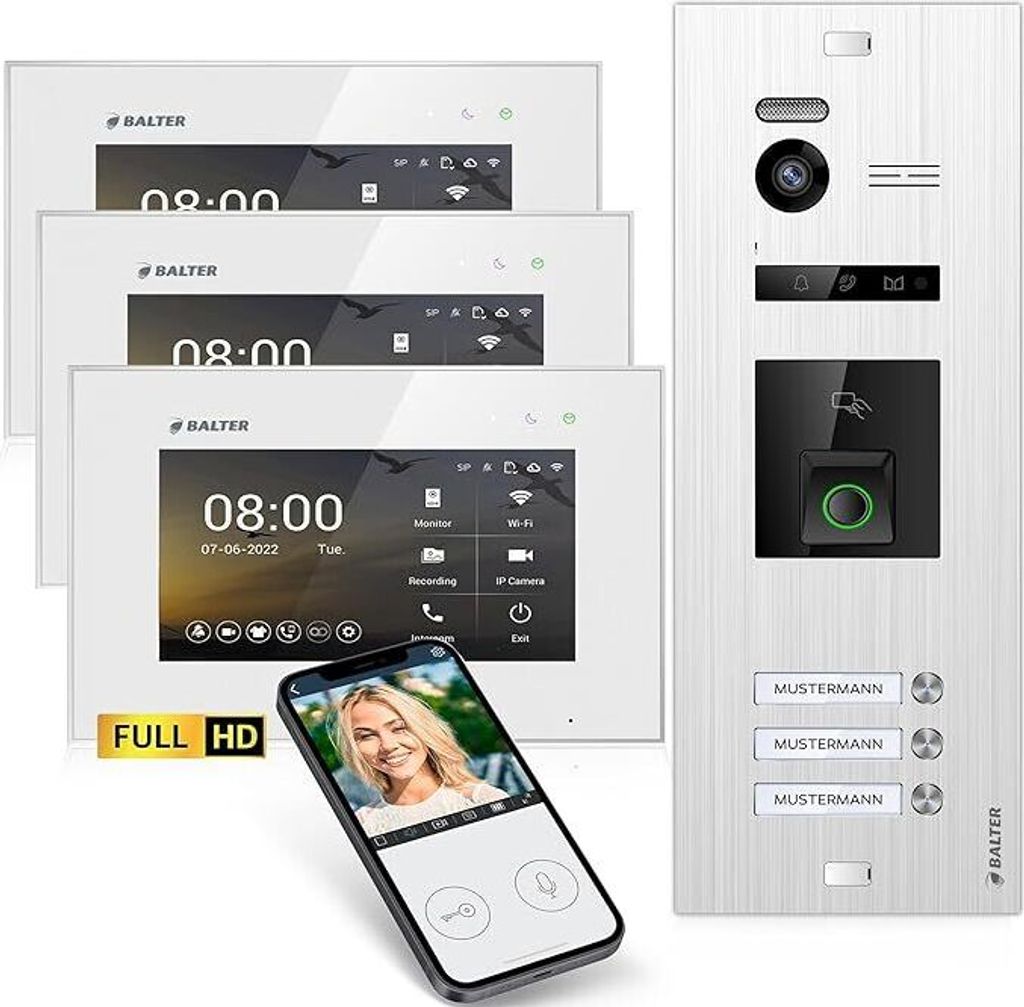 HD Video Türsprechanlage mit Fingerprint RFID und Smartphone App für 3 Familienhaus, 3x Monitore, Balter EVO HD Fingerprint