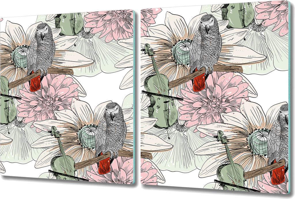Glas-Herdabdeckplatte Glaskeramikkochfeld-Abdeckung Spritzschutz - 2x 40x52 cm - Papagei und Blumen