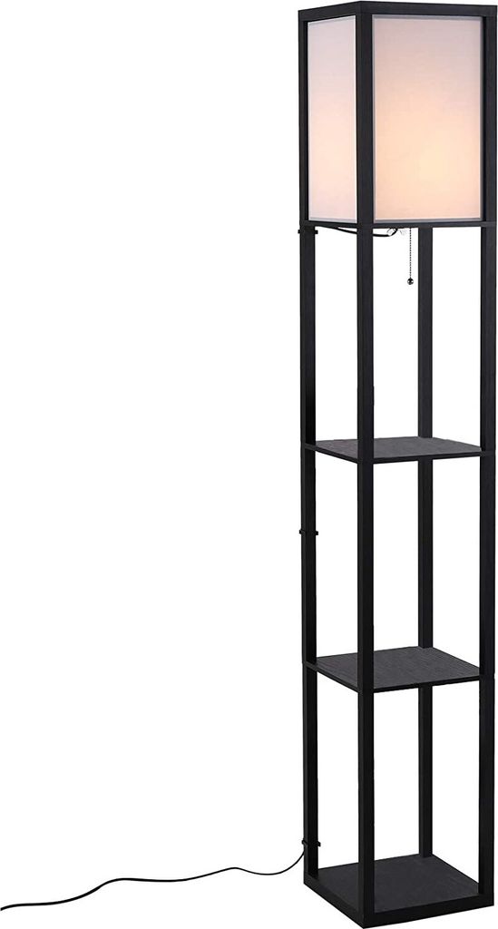 A tall, black floor lamp with three shelves and a white lampshade, set against a white background.