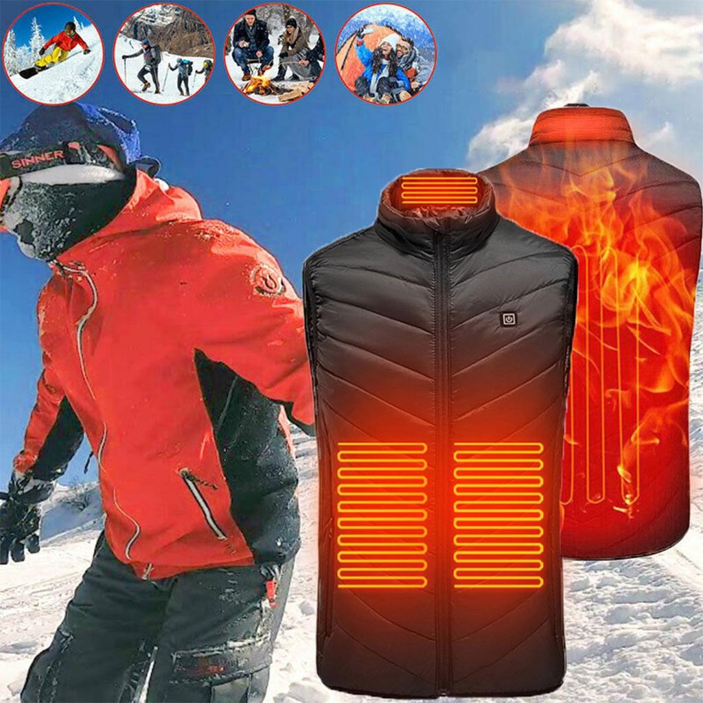 Herren Beheizbare Weste Winter Beheizte mit 4 Heizbereiche USB Elektrische für Outdoor Skifahren Heizweste-Schwarz-XL