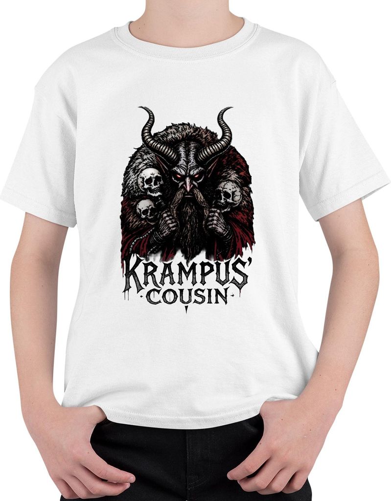 Krampus' Cousin düster Hörner Schädel Weihnachten Gothic Geschenk Uni Kinder T-Shirt, Weiß, 140