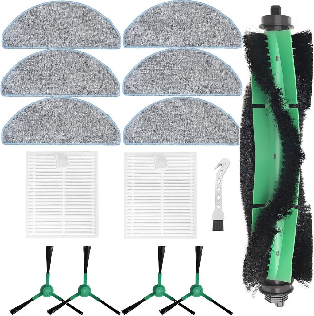A collection of replacement parts for a robot vacuum cleaner, including brushes, filters, and mop pads, laid out on a white background.