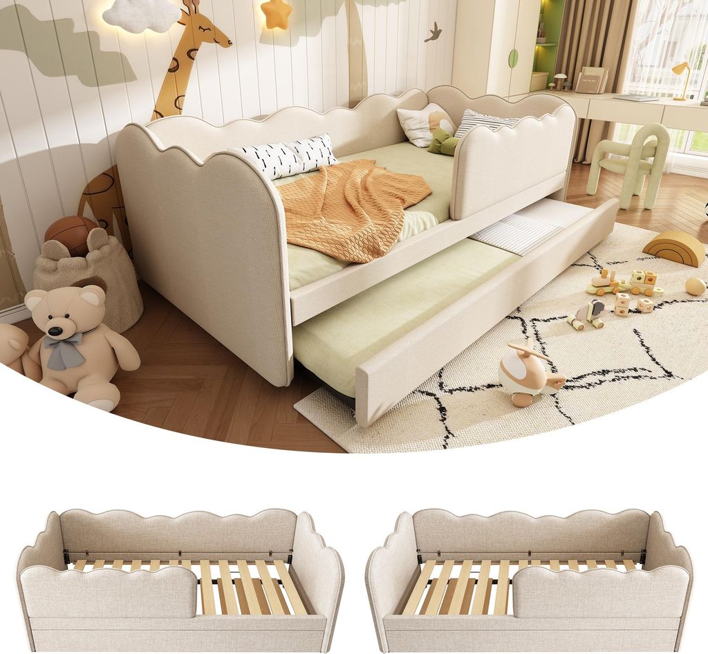 Polsterbett 90x190 cm mit Ausziehbett Tagesbett Kinderbett aus Leinen mit Lattenrost Beige Geräuschlos Stabil Schlafsofa ohne Matratze