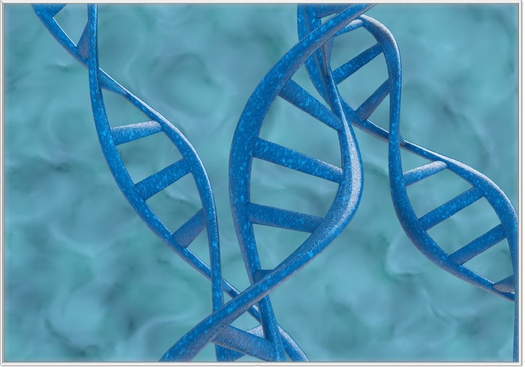 Wallario Wandbild DNA-Strang in blau auf türkisem Hintergrund, Größe: 70,30 x 100,30 cm, Poster mit weißem Kunststoffrahmen