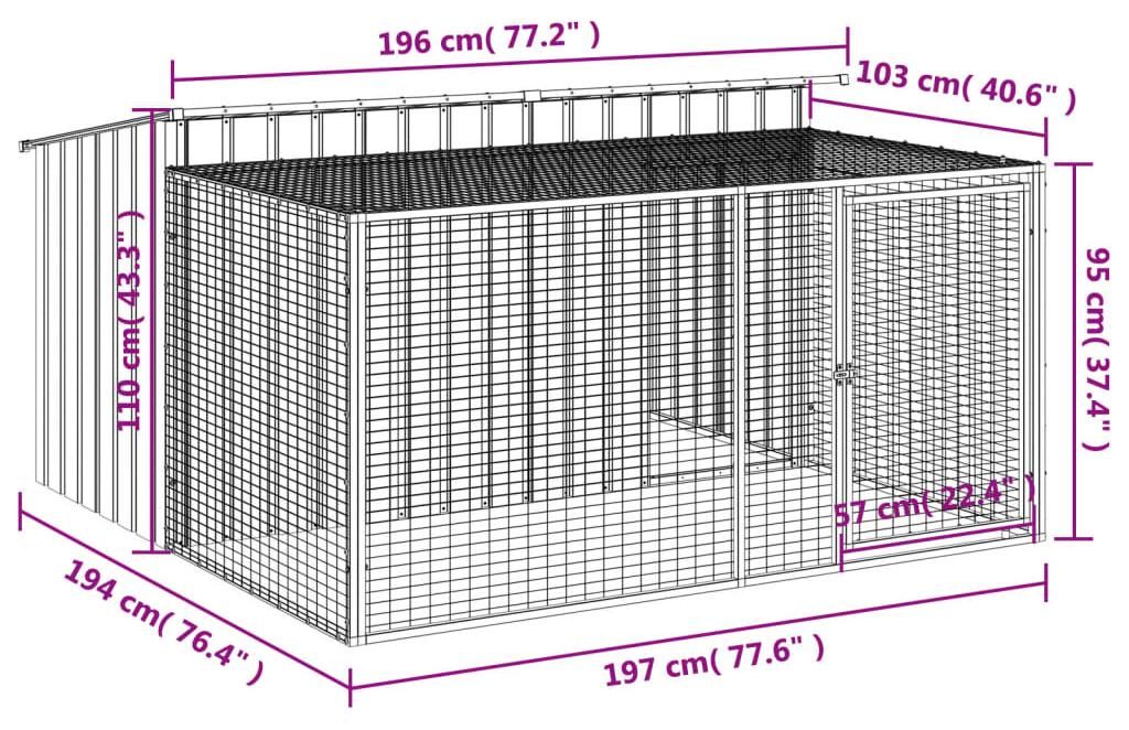 vidaXL Hundehütte mit Auslauf Anthrazit 197x194x110 cm Produktbild 