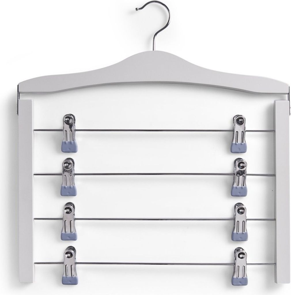 A multi-tier hanger for clothes with clips.