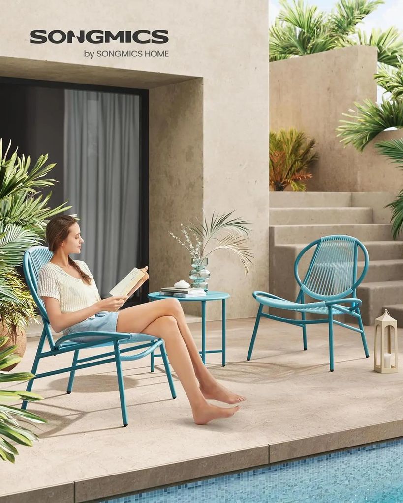 Balkonmöbel - Gartenmöbel Set 3-teilig - PE Polyrattan - Tisch + 2 Stühle - Für draußen/Balkon - Einfache Montage - Meerblau