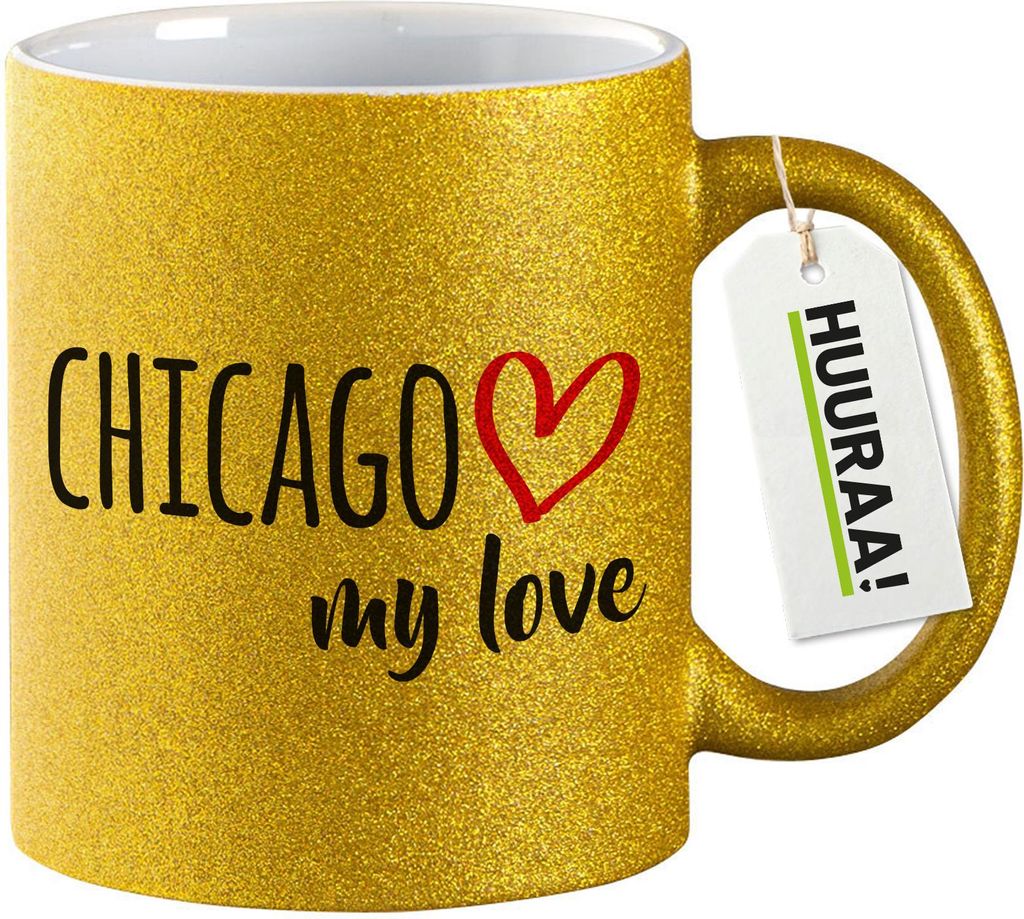 Huuraa Glitzertasse Chicago my love 330ml Gold Keramik Kaffeebecher Geschenkidee