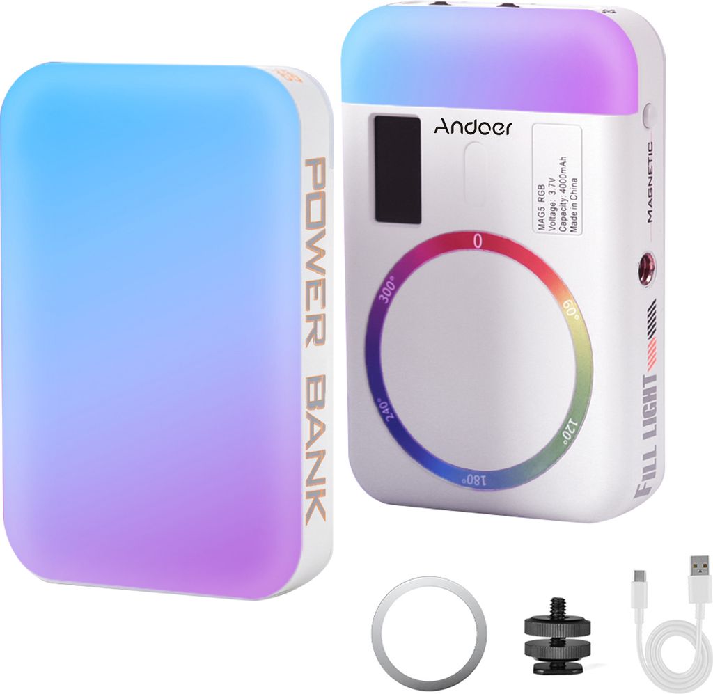 Andoer MAG5 RGB-Videoleuchte, doppelseitiges Fotolicht, 2500 K šC 9000 K, dimmbares Fuelllicht fuer Kamerahandys, 26 Szeneneffekte, eingebauter Ak...