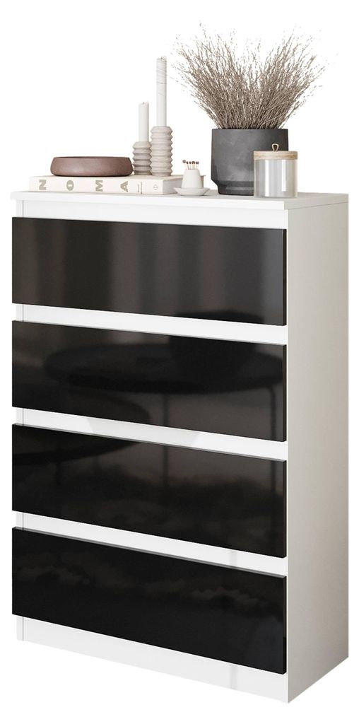 Kommode Weiß Matt / Schwarz Hochglanz mit 4 Schubladen – Kleine Kommode für Schlafzimmer & Wohnzimmer – Modernes Sideboard – GABRIEL