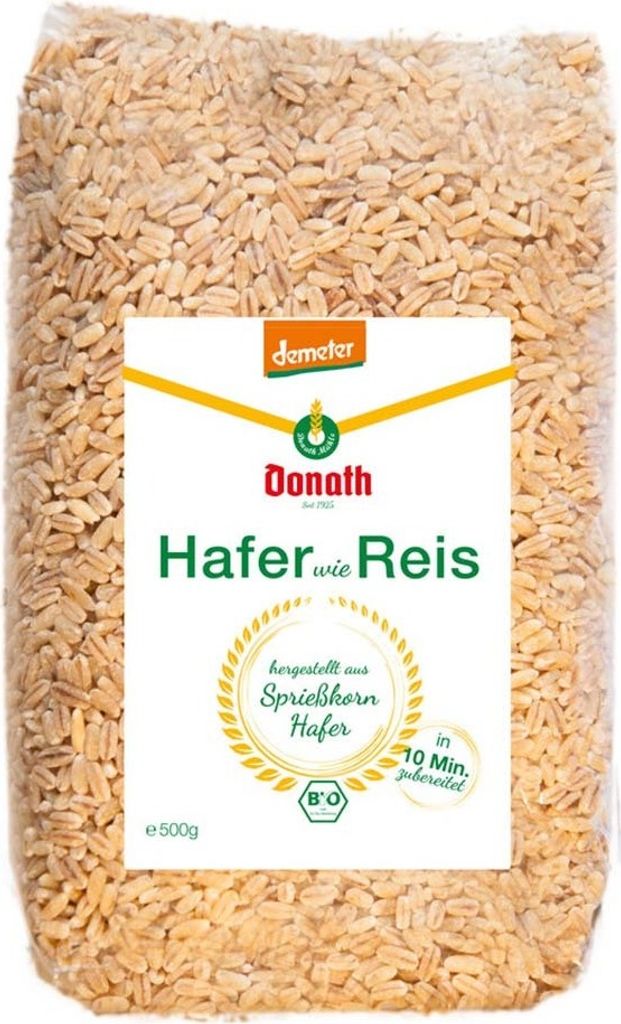 A bag of oat flakes labeled as 'Hafer wie Reis' (Oats like Rice).