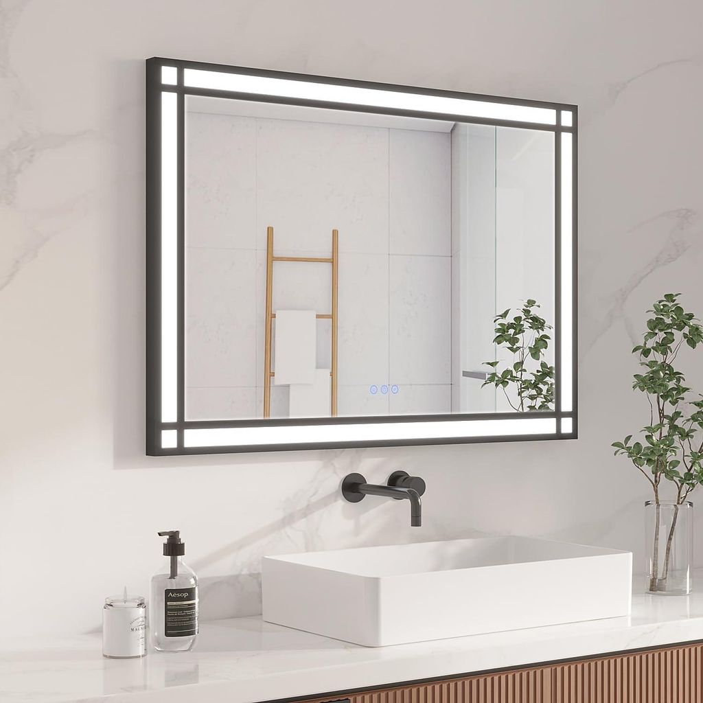 AQUABATOS LED Badspiegel 100 x 70 cm Badezimmerspiegel mit Beleuchtung Antibeschlag Dimmbar Industrial Style Lichtspiegel 3 Licht Farben