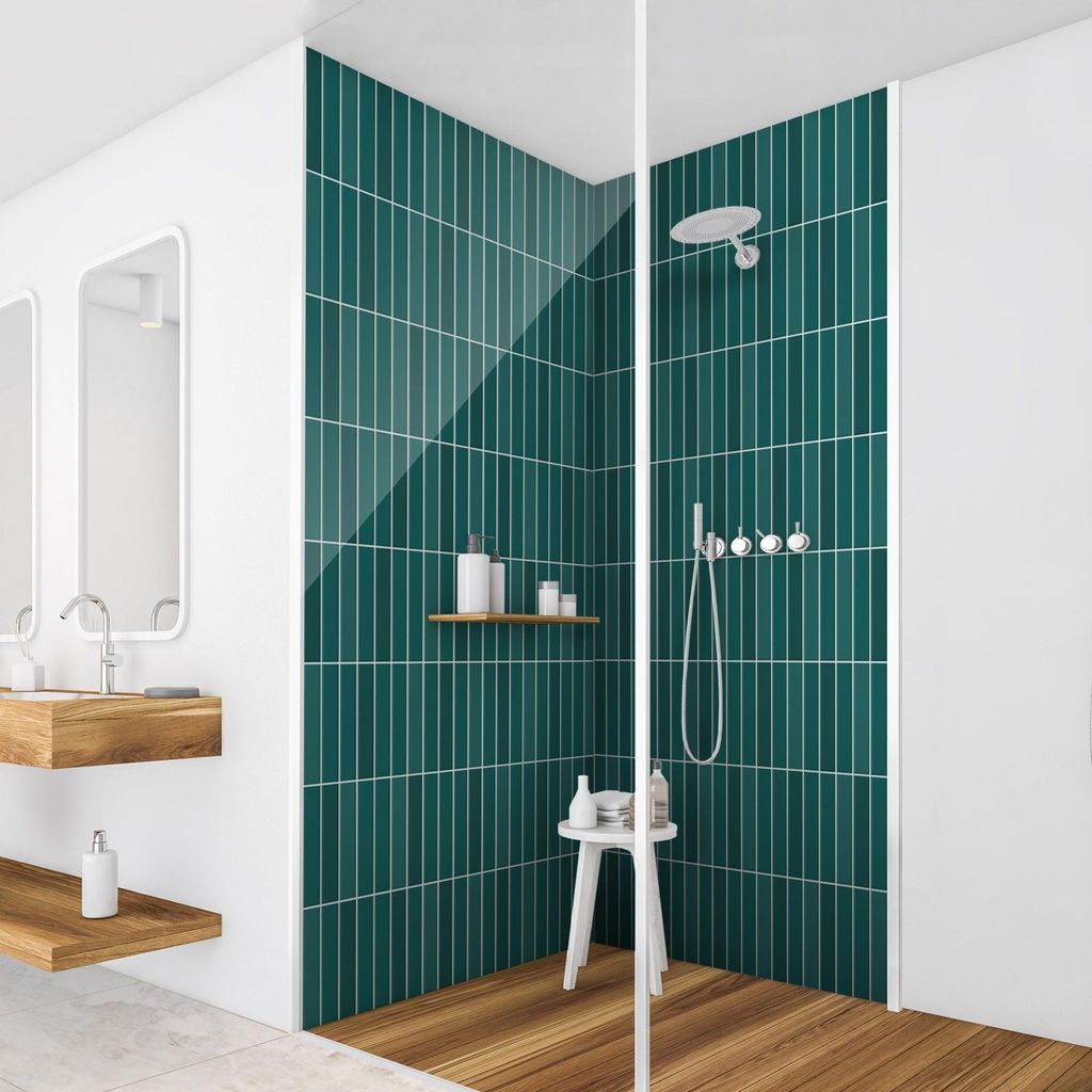 Duschrückwand mit Motiv selbstklebend - 0.35 mm Wandpaneel wasserfest Design petrol Fliesenoptik Unifarben Badrückwand fugenlos Smart matt 90x19...