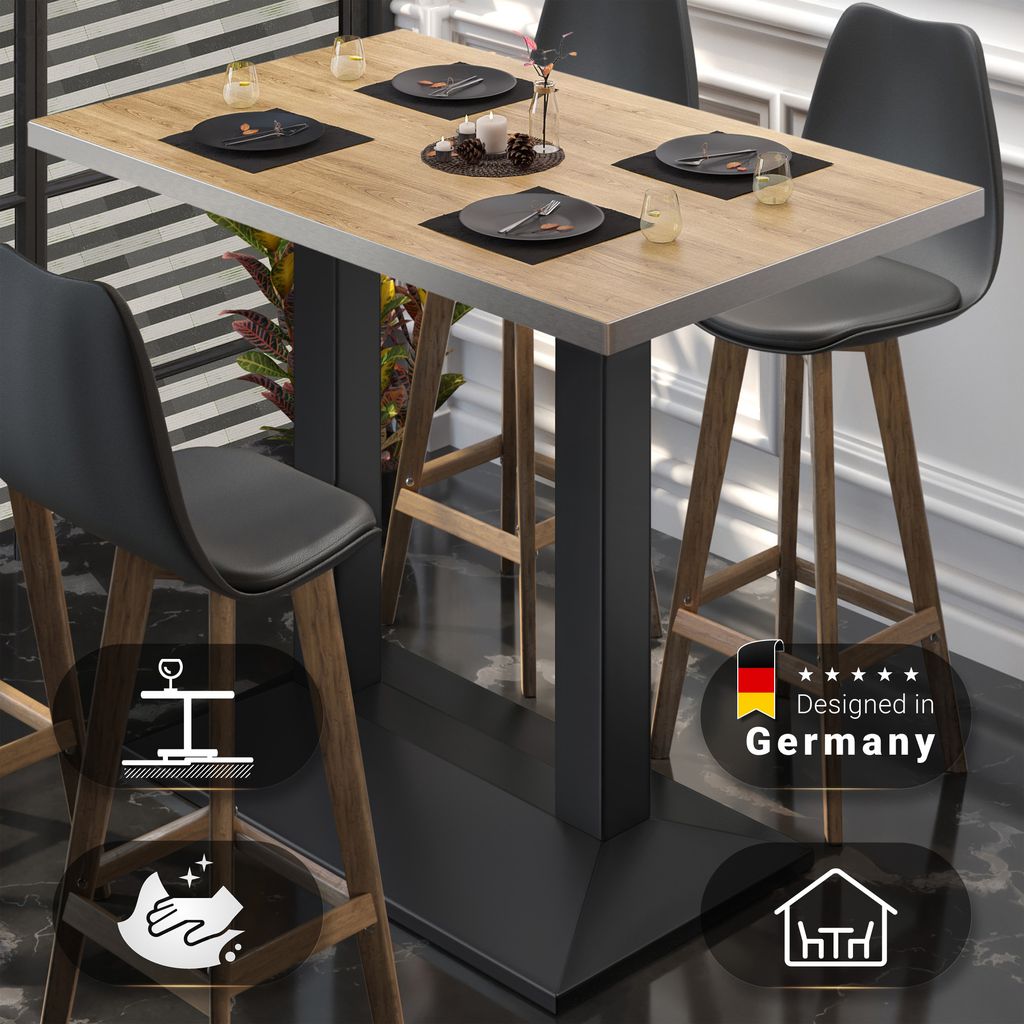 BPA | Bistro Stehtisch | 130 x 80 x 112 cm | Edelstahl Rand | Rechteckig | Eiche / Schwarz | Gastro Steh Tisch Restaurant
