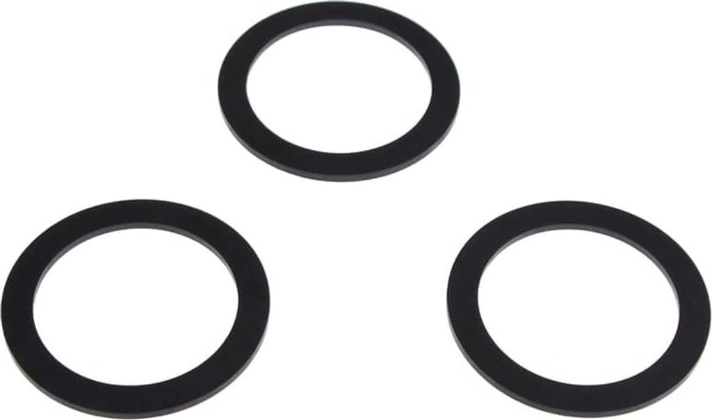 Three black rings are arranged in a triangular formation on a white background.